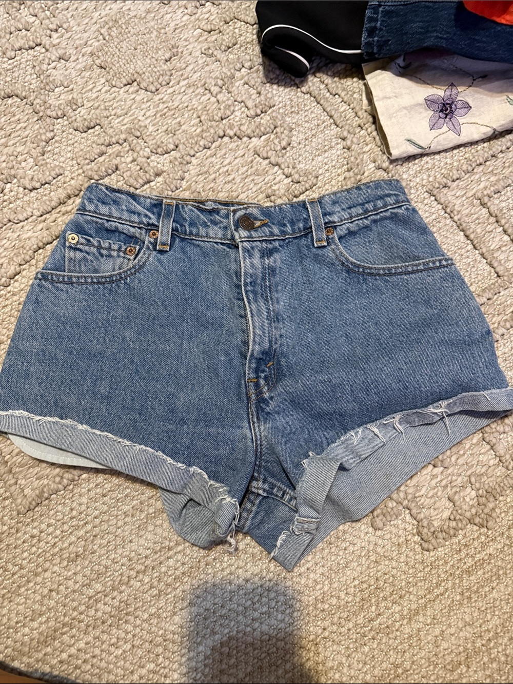 Levi's Blue High-Rise Raw Hem Denim Shorts